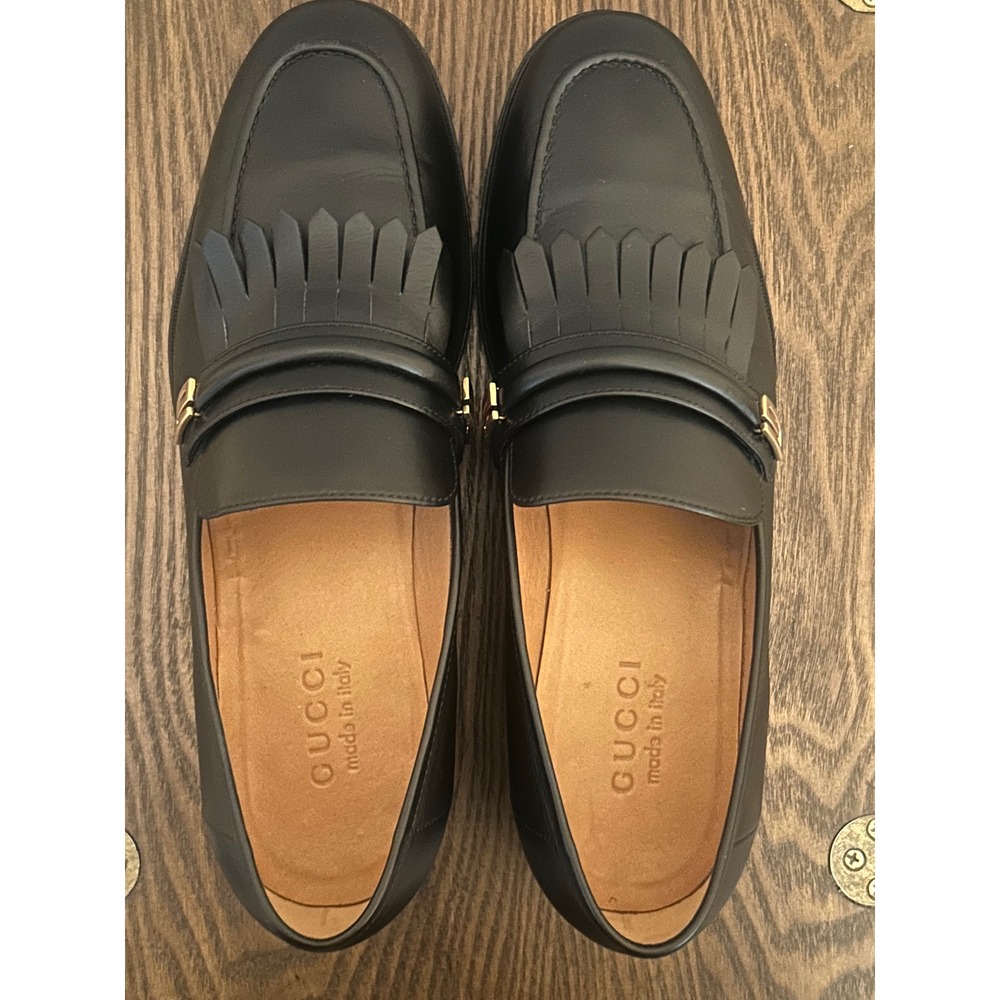 GUCCI 714680 Mirrored G Gold Kiltie Loafers Black Leather Men's 7.5 - Picture 12 of 13